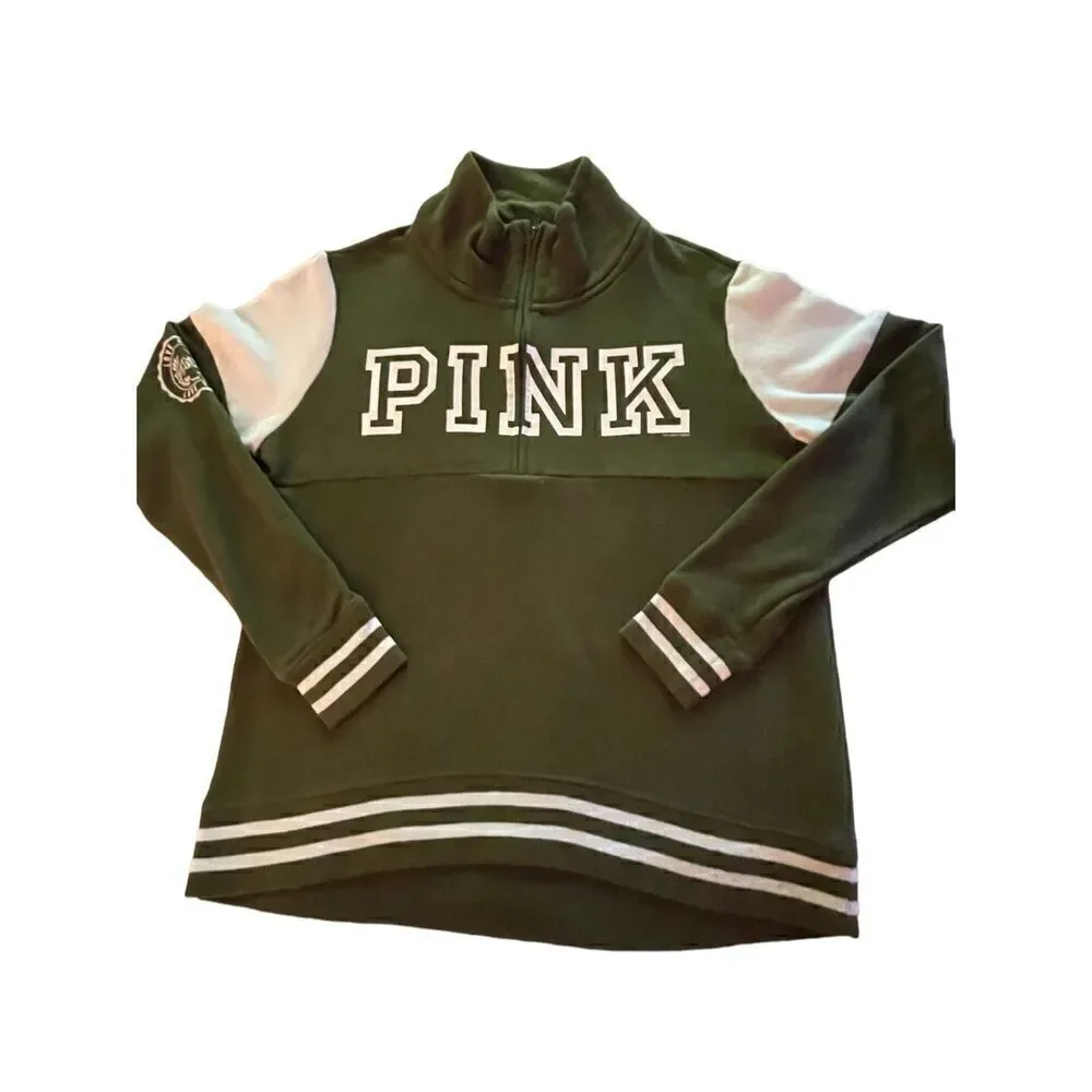 Victoria Secret Pink Olive Green 1/4 zip Pull over sweater Jacket Size XS - Picture 2 of 12